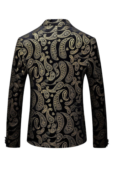 Men's Black Golden Notched Lapel Printed Blazer